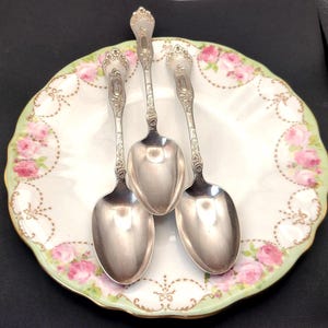 May include: Three ornate silver spoons rest on a decorative plate. The plate features a white background with pink roses and a green border. The spoons have detailed handles and a polished finish, suggesting a vintage or antique style.