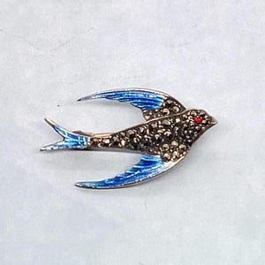 Antique Bluebird Brooch Marcasite Enamel Sterling Silver Pin NOT A REPRODUCTION