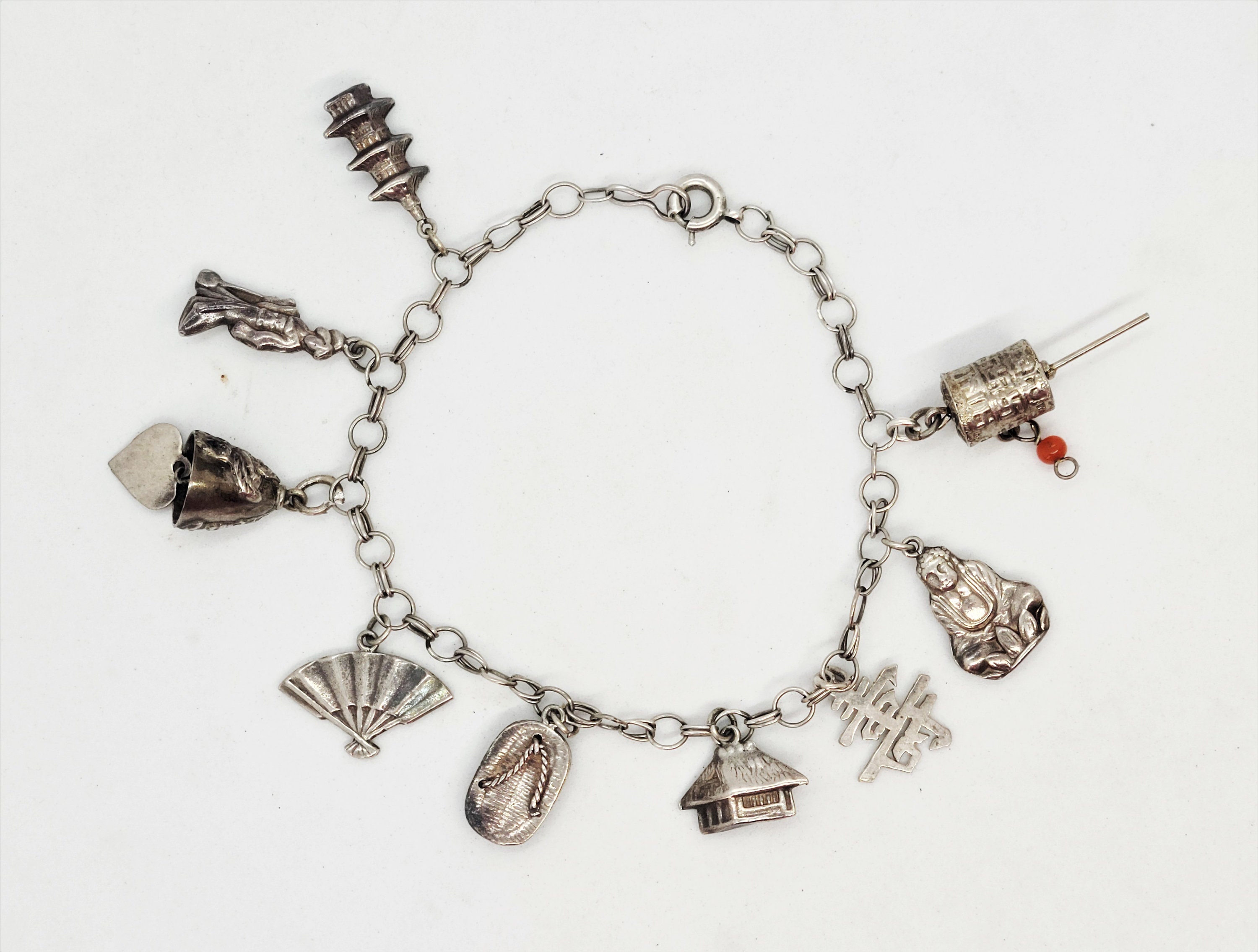 Sterling Silver Charm Bracelet Asian 1950s Japanese Buddha Pagoda