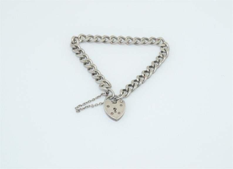 Heart Lock Sterling Silver Pad Lock England Starter Charm Bracelet Puffy Heart Clasp 7.25