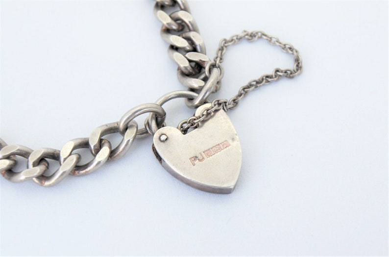Heart Lock Sterling Silver Pad Lock England Starter Charm Bracelet Puffy Heart Clasp 7.25