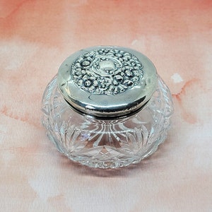 Sterling Silver Vanity Jar Cut Glass Powder Jar Large Trinket Box Sterling Top