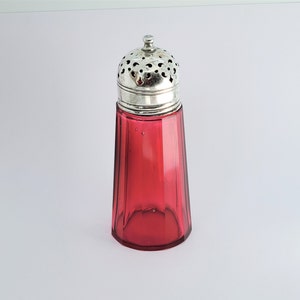 Silver Cranberry Glass Sugar Shaker Glass Muffineer English Castor Victorian