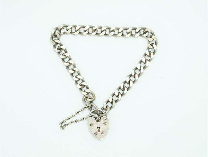 Heart Lock Sterling Silver Pad Lock England Starter Charm Bracelet Puffy Heart Clasp 7.25