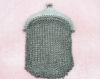 Sterling Silver Mesh Bag Chatelaine Coin Purse Pendant French Two Compartments
