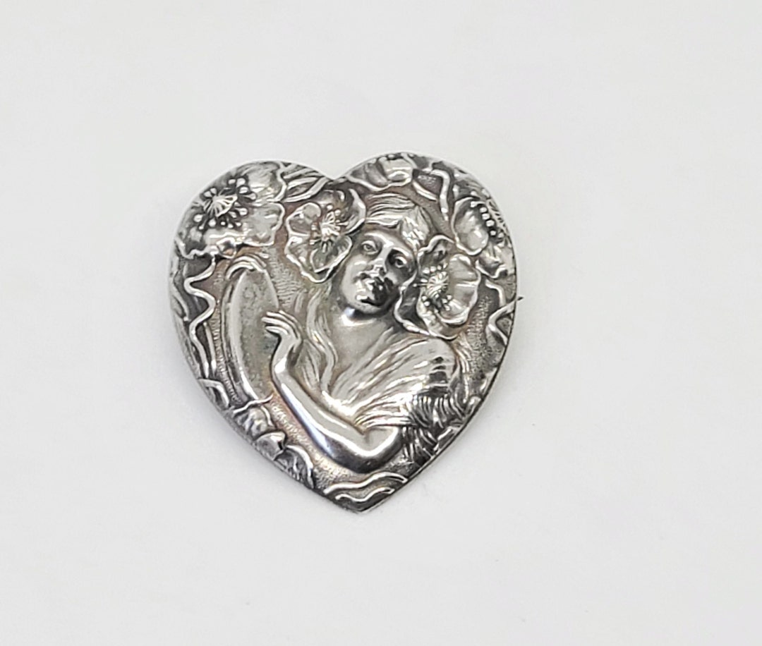 Art Nouveau Brooch Unger Bros Sterling Silver Brooch Heart Lady ...