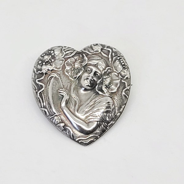 Art Nouveau Brooch Unger Bros Sterling Silver Brooch Heart Lady Repousse