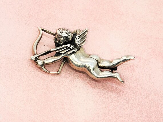 Vintage Cupid Valentines Brooch Sterling Silver An
