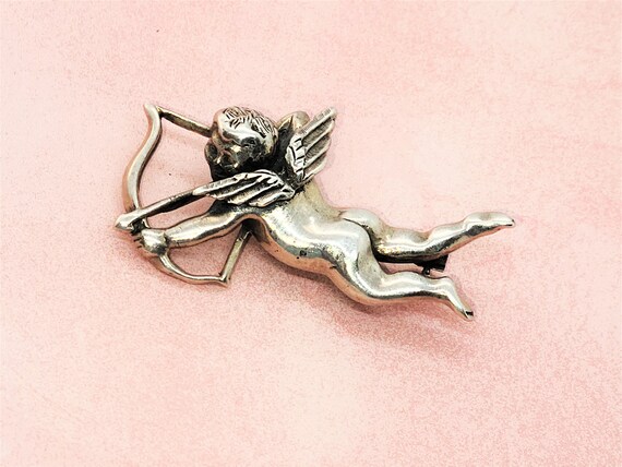 Sterling Silver Angel Brooch Large Cupid Cherub P… - image 1