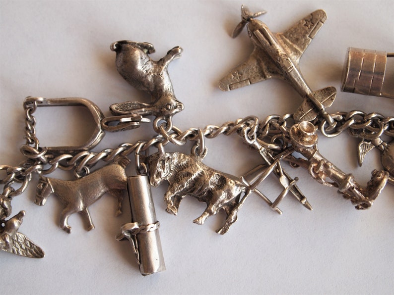 Charm Bracelet Sterling Silver 22 Charms Puffy Heart Vintage 1940s Cherub Diploma Tojan Totem Pole Cupid Moveable Mechanical