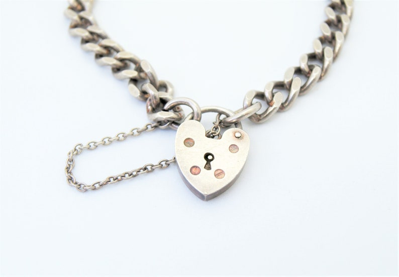 Heart Lock Sterling Silver Pad Lock England Starter Charm Bracelet Puffy Heart Clasp 7.25
