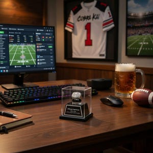 May include: A desktop scene with a computer monitor showing a football game, a keyboard, and a championship ring in a display case. A Cobra Kai jersey and a pint of beer are also present.