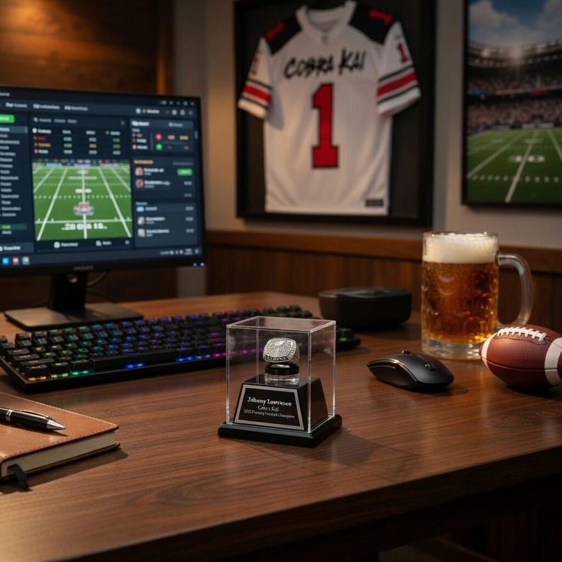 May include: A desktop scene with a computer monitor showing a football game, a keyboard, and a championship ring in a display case. A Cobra Kai jersey and a pint of beer are also present.