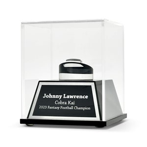 May include: A trophy in a clear display case with a black and silver design. The trophy features the text "Johnny Lawrence Cobra Kai 2023 Fantasy Football Champion" on a silver plaque. The trophy sits on a black base.