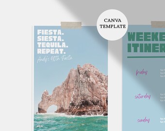 Fiesta Siesta Tequila — Canva Template, Cabo Party Print, Personalize DIY Invite, Weekend Itinerary, for Bday Bach | EDITABLE PRINTABLE 8x10