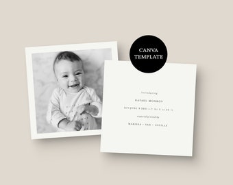 Birth Announcement — CANVA Template, New Baby Card, Newborn Printable, DIY Photo Keepsake, for Minimalist |  Digital Download 5.5 x 5.5