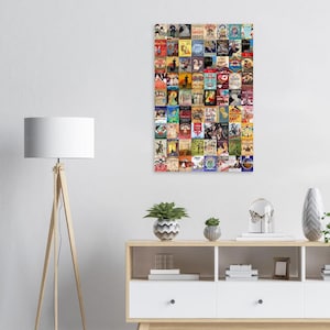 May include: A rectangular wall art print featuring a grid of numerous vintage book cover illustrations in various colors, including reds, blues, yellows, and greens. The collage displays diverse artistic styles, typography, and scenes from classic literature.