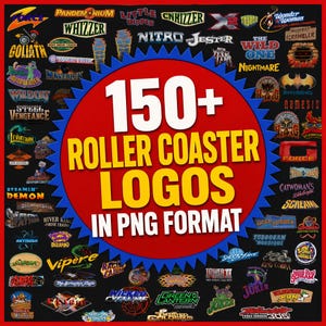 Puede incluir: Una colección digital de más de 150 logotipos de montañas rusas sobre un fondo negro. Un gran círculo rojo con un borde de estrella azul presenta el texto blanco y amarillo: 150+ ROLLER COASTER LOGOS IN PNG FORMAT. Varios logotipos coloridos rodean el centro.