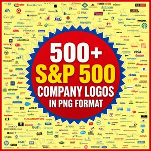 Puede incluir: Un gráfico digital amarillo que presenta una gran forma de estrella roja en el centro con el texto blanco y amarillo 500+ S&P 500 COMPANY LOGOS IN PNG FORMAT. El fondo está lleno de un denso collage de varios logotipos de empresas.