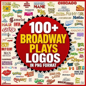 Pode incluir: Uma coleção de mais de 100 logotipos de peças da Broadway exibidos como uma colagem em um fundo claro. Um grande emblema circular vermelho com uma borda preta serrilhada está centralizado, com o texto amarelo e branco 100+ BROADWAY PLAYS LOGOS IN PNG FORMAT.