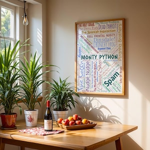 May include: A wooden framed print featuring phrases from Monty Python sketches. A bottle of wine, a wooden bowl of apples, and potted plants are on a wooden table. The room is lit by natural light from a window.