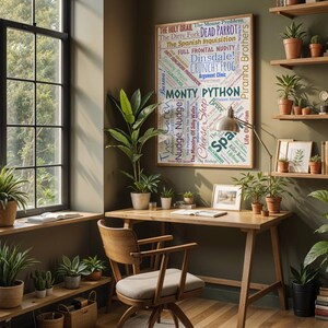 May include: A home office featuring a wooden desk, chair, and shelves adorned with potted plants. A framed print with Monty Python text is on the wall. Natural light streams in from a window.