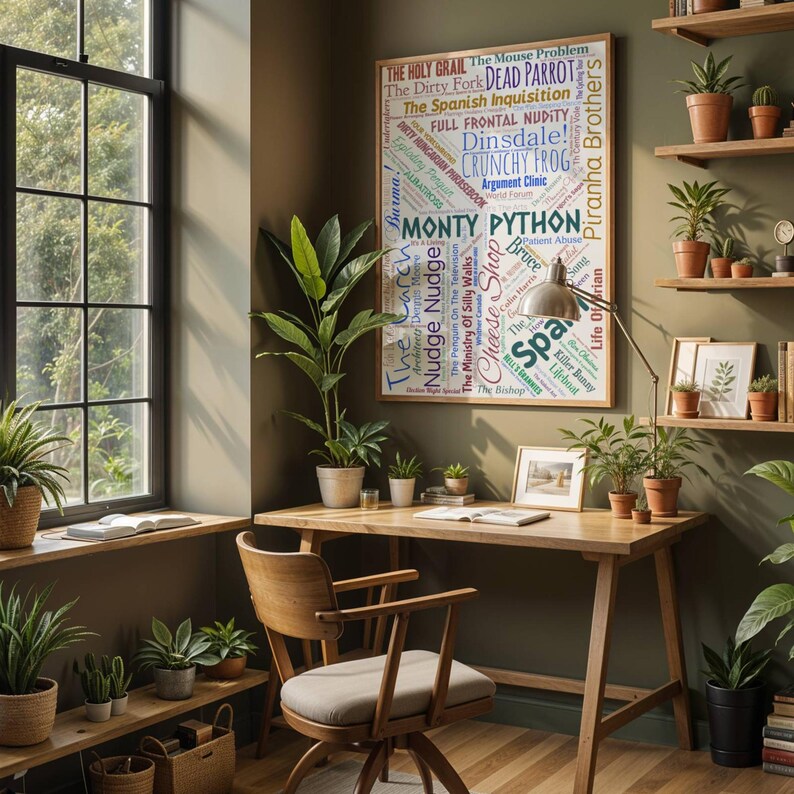 May include: A home office featuring a wooden desk, chair, and shelves adorned with potted plants. A framed print with Monty Python text is on the wall. Natural light streams in from a window.
