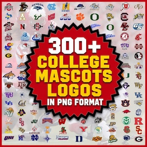 May include: A digital collection of over 300 college mascot logos in PNG format, displayed as a collage with a large red starburst shape in the center containing the white and yellow text 300+ COLLEGE MASCOTS LOGOS IN PNG FORMAT.