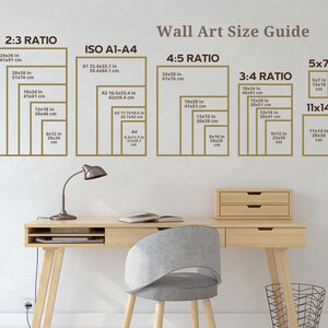 May include: Wall art size guide showing frame dimensions in inches and centimetres. Sizes include 24x36 in (61x91 cm), 20x30 in (51x76 cm), and 16x20 in (41x51 cm). The guide is displayed on a white wall above a wooden desk.