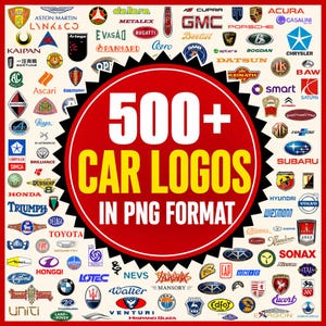 Può includere: Una collezione di oltre 500 loghi di marchi automobilistici disposti in un collage. Un grande badge circolare rosso con un bordo nero frastagliato è centrato, con il testo giallo e bianco 500+ CAR LOGOS IN PNG FORMAT su sfondo bianco.
