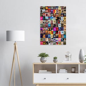 May include: A rectangular wall poster featuring a dense grid of numerous small, colourful graphic illustrations and movie-style art prints. The collection displays a wide variety of subjects, including portraits, abstract shapes, and text-based designs.