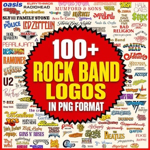 Può includere: Una collezione di oltre 100 loghi di gruppi rock con vari caratteri e colori su sfondo bianco. Una grande forma a stella rossa al centro presenta il testo giallo 100+ ROCK BAND LOGOS IN PNG FORMAT stampato in lettere in grassetto.