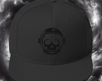 Flooko Black Astro Skull logo on Black Snapback Hat. Embroidered.