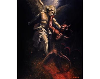 Battle For The Space Between Shadows  - Angel versus Devil - Rare Flooko painting print - Various Sizes.
