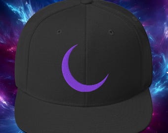 Purple Crescent Moon on Black Snapback Hat. Embroidered.