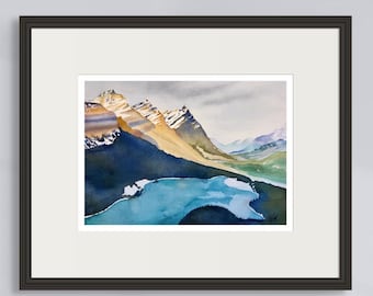 水彩画で描かれた山と湖：秋の風景画（12 x 16インチ） - Etsy 日本