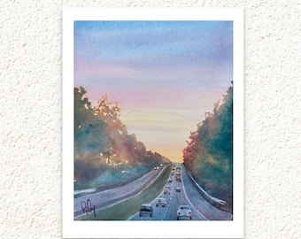 Road Sunset Painting, Watercolor car highway wall art