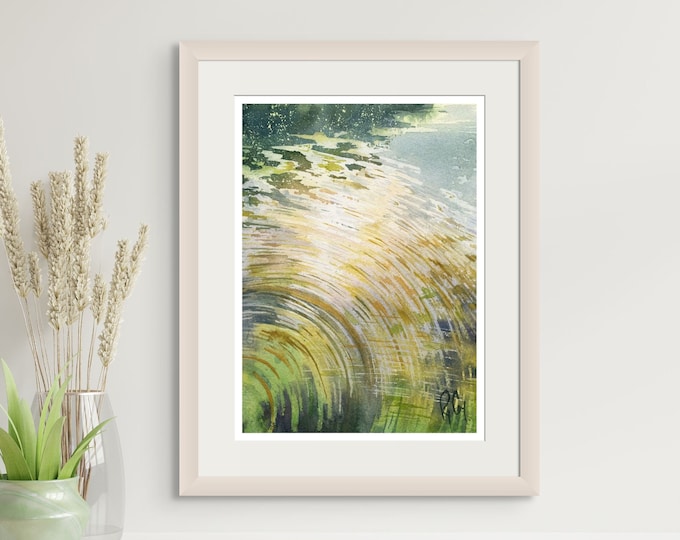 Green Abstract Watercolor Painting: Water Ripple Reflection Art Print