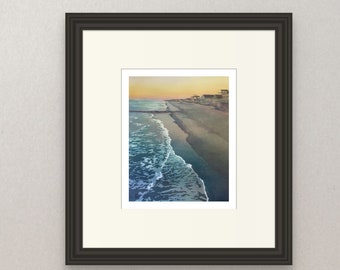 Beach town Pier Sunset Watercolor Painting
