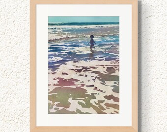 Playing in Waves at Ocean; Tidal Watercolor Art; Children at beach painting