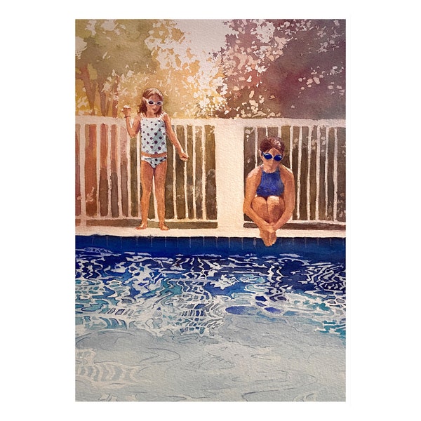 Pool Cannonball Kids Swimming Painting; Nostalgic Summer  Art; Sisterly Love; Sister's Playing in Pool; Lifeguard Art