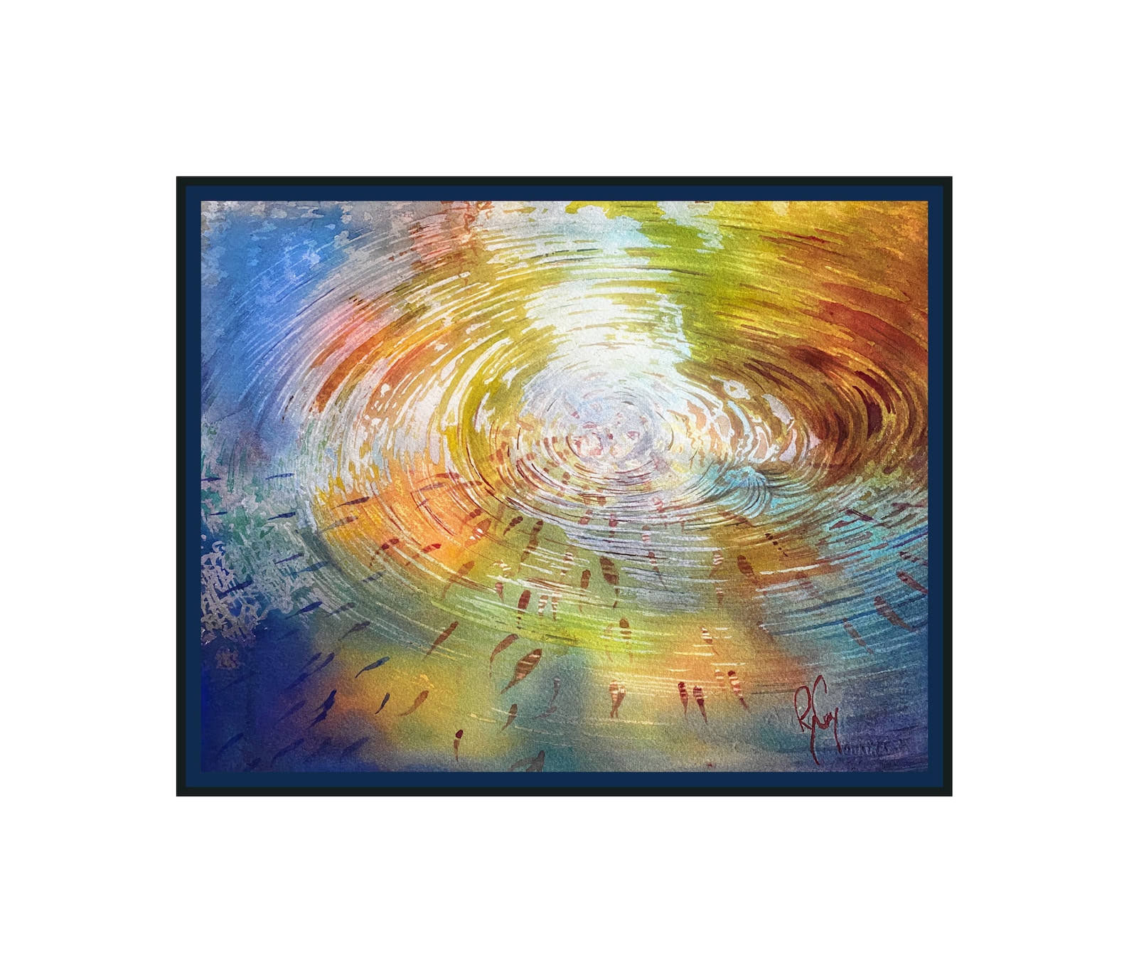Water Ripple Painting, Watercolor Koi Pond, Fish Painting, Rainbow