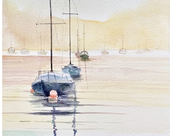 Sailboat Harbor Giclee Print: Pastel Sunset Nautical Watercolor