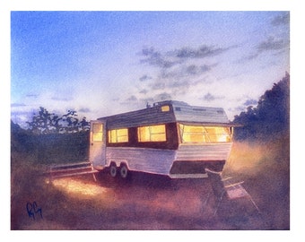 May include: A watercolor painting of a white camper van parked in a wooded area at dusk. The windows of the camper are lit up, casting a warm glow. The sky is a soft blue with wispy clouds.