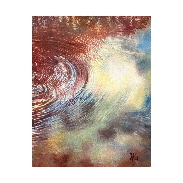 Water Ripple Painting, Rippling Water Wall Art. Red Abstract Watercolor Giclee Print , Water Reflection, Abstract Circle Sunlight Painting,