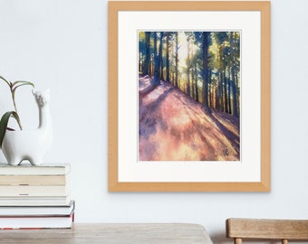 Forest Sunlight Through Trees Painting; Forest Path in woods; Mountain Art