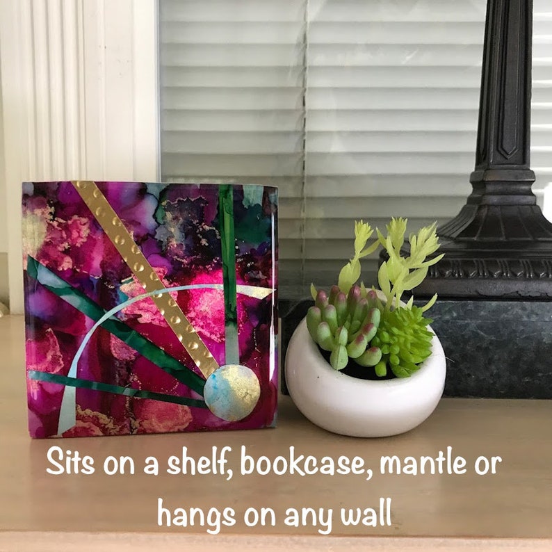 Alcohol Ink on Yupo Paper mounted on a Birch Wood Panel Miniature Abstract 4x4x1.5 Shelfie 4x4w102 Resin Finish
