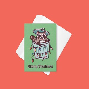 Merry Trashmas Trash Panda Raccoon Leuke en kleurrijke vakantie wenskaarten Lege kaart met envelop