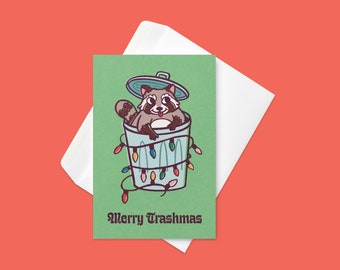 Merry Trashmas Trash Panda Raccoon Cute and Colorful Holiday Greeting Cards Blank Card with Envelope