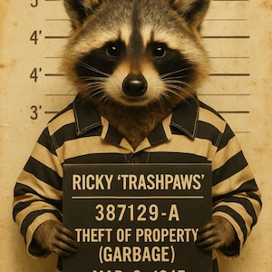 May include: A humorous image of a raccoon in a prison uniform holding a sign. The sign reads "RICKY 'TRASHPAWS'" and details a theft of property charge from 1947. The raccoon is positioned against a height chart.